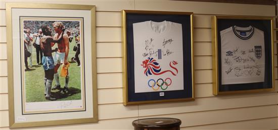 An England shirt, Olympic shirt and print of Pele and Bobby Moore, baring signatures